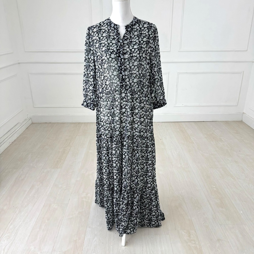 Floryday Maxi Dress Womens XL Black Floral Sheer Tiered Button Front Long Sleeve